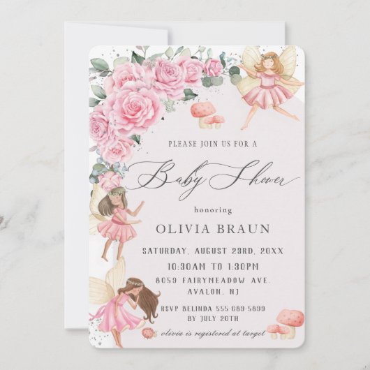 Roze Floral Rozen Fairies Baby shower Kaart (Voorkant)