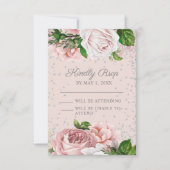 Roze Floral Rozen Zilver Glitter RSVP Kaartje (Voorkant)