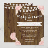 Roze Floral Rustic Sip en Zie uitnodiging (Voorkant / Achterkant)