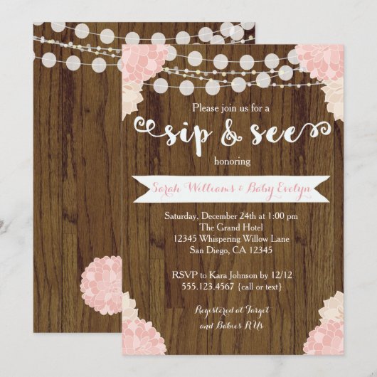 Roze Floral Rustic Sip en Zie uitnodiging (Voorkant / Achterkant)