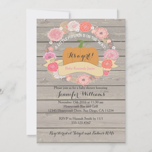 Roze Floral Rustic Wood Baby Shower Invitations Kaart (Voorkant)