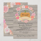 Roze Floral Rustic Wood Baby Shower Invitations Kaart (Voorkant / Achterkant)