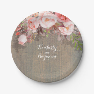Roze Floral Rustic Wood Country Weddenschap Papieren Bordje