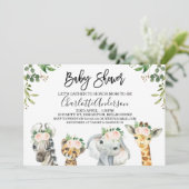 Roze Floral Safari Animals Baby shower Uitnodiging (Staand voorkant)