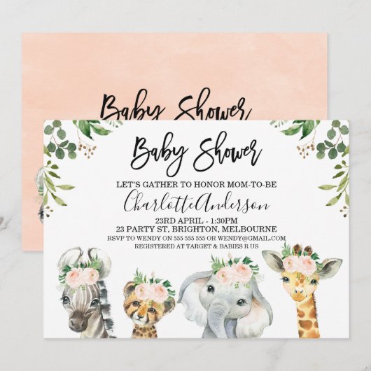 Roze Floral Safari Animals Baby shower Uitnodiging (Voorkant / Achterkant)