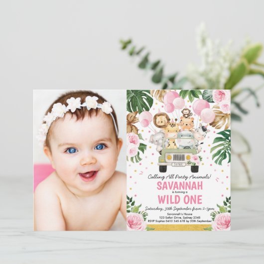 Roze Floral Safari Dieren Wild Eén meisje van de v Kaart (Staand voorkant)