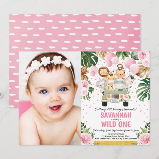 Roze Floral Safari Dieren Wild Eén meisje van de v Kaart (Voorkant / Achterkant)