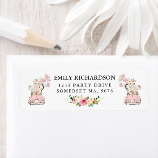 Roze Floral Safari drive op Baby shower adres Etiket (Insitu)