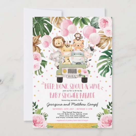 Roze Floral Safari drive van Baby shower Parade Kaart (Voorkant)