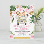 Roze Floral Safari drive van Baby shower Parade Kaart (Staand voorkant)