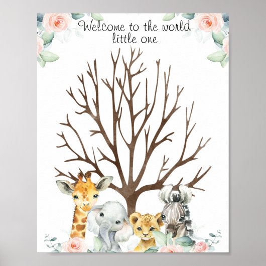 Roze Floral Safari Fingerprint Guestbook Poster (Voorkant)