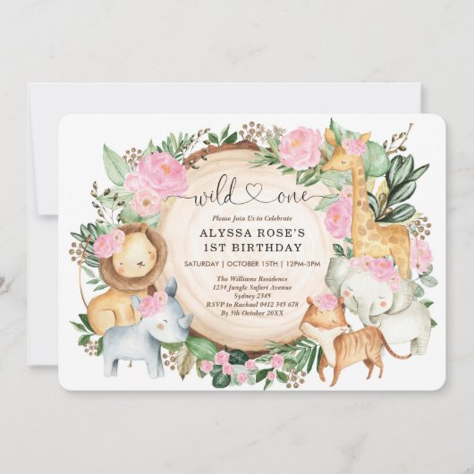  roze Floral Safari Wilde Een eerste verjaardag Kaart (Voorkant)