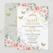 Roze Floral Sage Green Butterflies Sweet Sixteen Kaart (Voorkant / Achterkant)