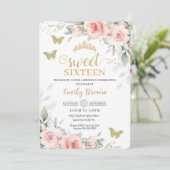 Roze Floral Sage Green Butterflies Sweet Sixteen Kaart (Staand voorkant)