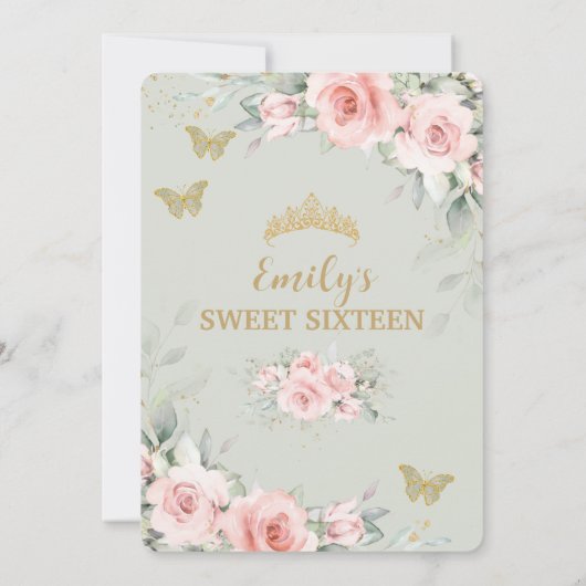 Roze Floral Sage Green Butterflies Sweet Sixteen Kaart (Achterkant)