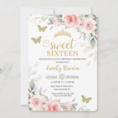 Roze Floral Sage Green Butterflies Sweet Sixteen Kaart (Voorkant)