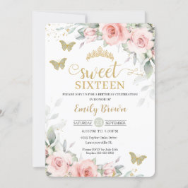 Roze Floral Sage Green Butterflies Sweet Sixteen Kaart