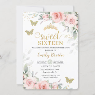 Roze Floral Sage Green Butterflies Sweet Sixteen Kaart