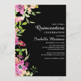 Roze Floral Sage Green Leaves Black Quinceañera Kaart