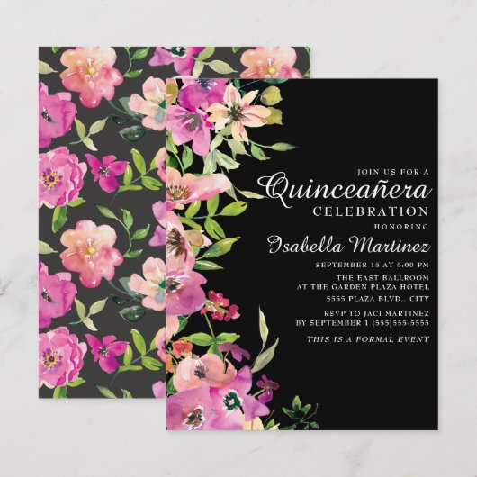 Roze Floral Sage Green Leaves Black Quinceañera Kaart (Voorkant / Achterkant)