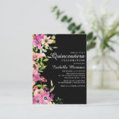 Roze Floral Sage Green Leaves Black Quinceañera Kaart (Staand voorkant)