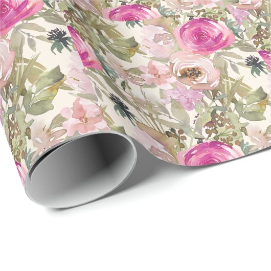 Roze Floral Sage Green Leaves Cadeaupapier (Rol Hoek)