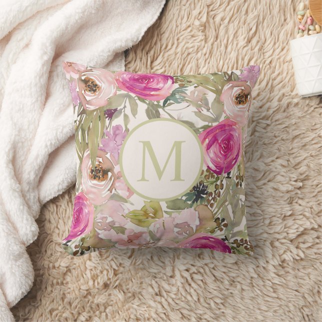 Roze Floral Sage Green Leaves Monogram Initiaal Kussen (Deken)