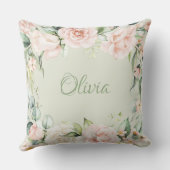 Roze Floral Sage Green Waterverf Name Baby Girl Kussen (Achterkant)