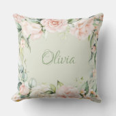 Roze Floral Sage Green Waterverf Name Baby Girl Kussen (Voorkant)