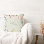 Roze Floral Sage Green Waterverf Name Baby Girl Kussen<br><div class="desc">Pretty sage green pink floral watercolor throw pillow for the pretty baby girl in your life. Perfect baby shower gift for the new baby girl. This is such an elegant pattern for a girls nursery or bedroom. So dainty and girly.</div>