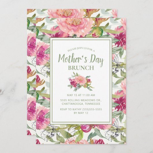 Roze Floral Sage Green White Moederdag Brunch Kaart (Voorkant / Achterkant)