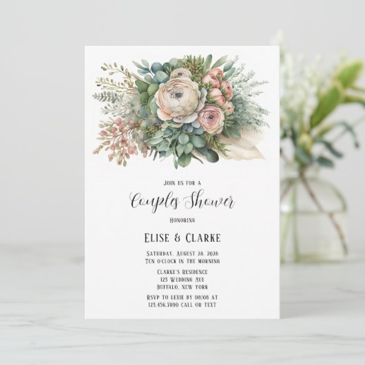 Roze Floral Sage Greenery Couples Shower Kaart (Staand voorkant)