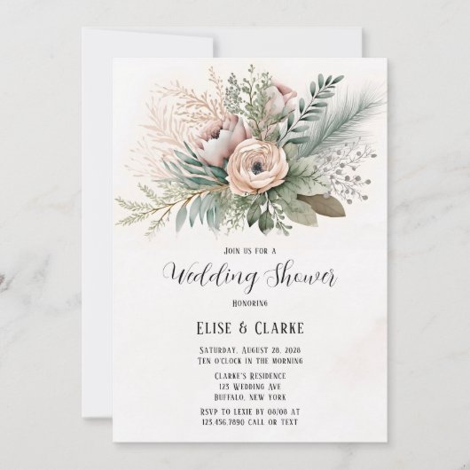 Roze Floral Sage Greenery Wedding Shower Invitatio Kaart (Voorkant)