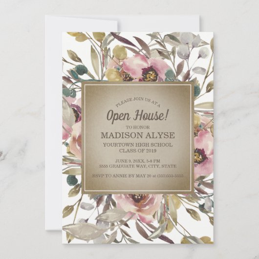 Roze Floral Sage Leaf Rustic Afstuderen Open House Kaart (Voorkant)