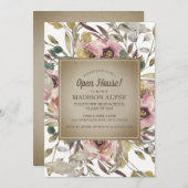Roze Floral Sage Leaf Rustic Afstuderen Open House Kaart (Voorkant / Achterkant)