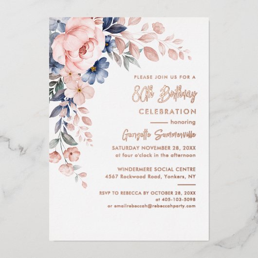 Roze Floral Script 80th Birthday Party Folie Uitnodiging (Voorkant)