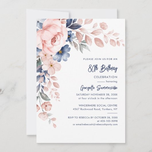Roze Floral Script 80th Birthday Party Kaart (Voorkant)