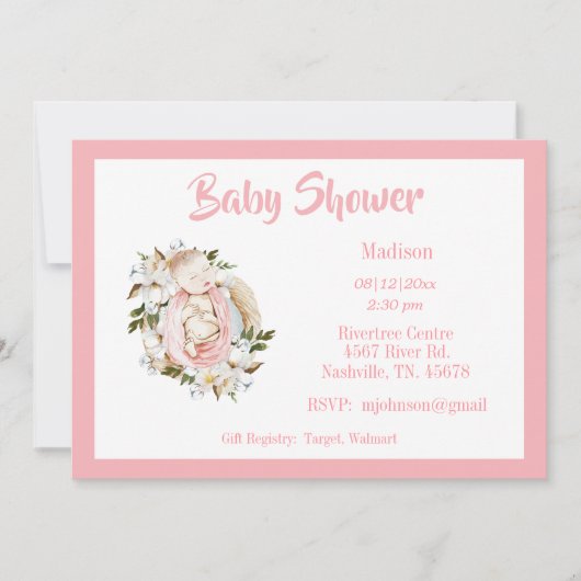 Roze Floral Script Girl Baby shower Kaart (Voorkant)