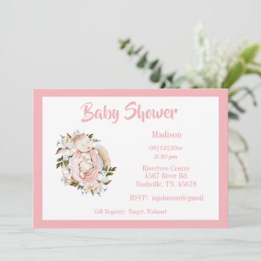  Roze Floral Script Girl Baby shower Kaart (Staand voorkant)