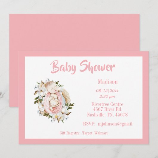  Roze Floral Script Girl Baby shower Kaart (Voorkant / Achterkant)