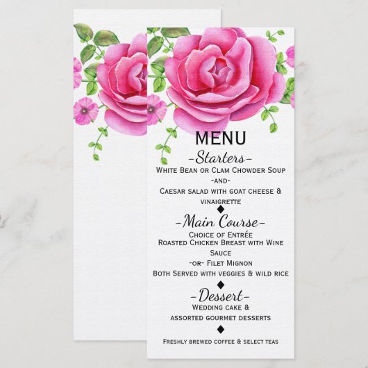 Roze Floral Shabby Chic Menu Kaart (Voorkant / Achterkant)