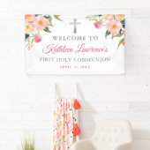 Roze Floral Silver Cross Girl Eerste Heilige Commu Spandoek (Insitu)