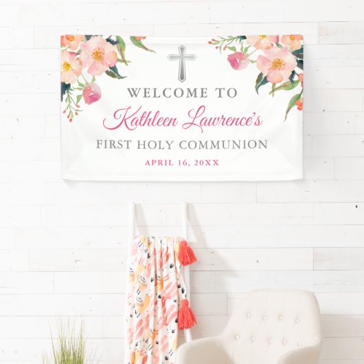 Roze Floral Silver Cross Girl Eerste Heilige Commu Spandoek (Insitu)