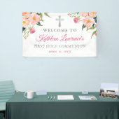Roze Floral Silver Cross Girl Eerste Heilige Commu Spandoek (Beurs)