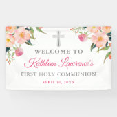 Roze Floral Silver Cross Girl Eerste Heilige Commu Spandoek (Horizontaal)
