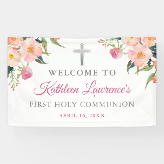 Roze Floral Silver Cross Girl Eerste Heilige Commu Spandoek (Horizontaal)