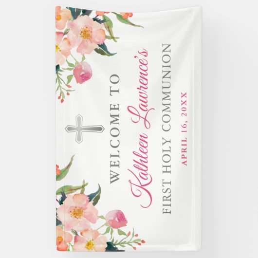 Roze Floral Silver Cross Girl Eerste Heilige Commu Spandoek (Verticaal)