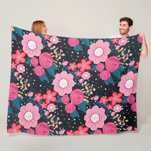  roze Floral Silver Stippen Grijs ontwerp Fleece Deken (In situ)