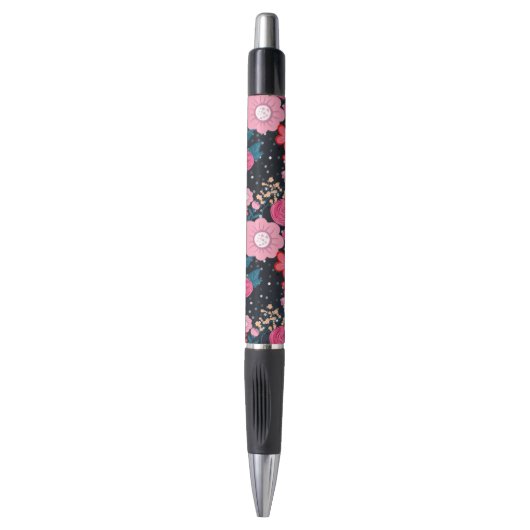 roze Floral Silver Stippen Grijs ontwerp Pen (Voorkant Verticaal)