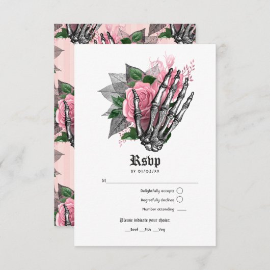 Roze Floral Skeleton Gothic Wedding Invitation RSVP Kaartje (Voorkant / Achterkant)